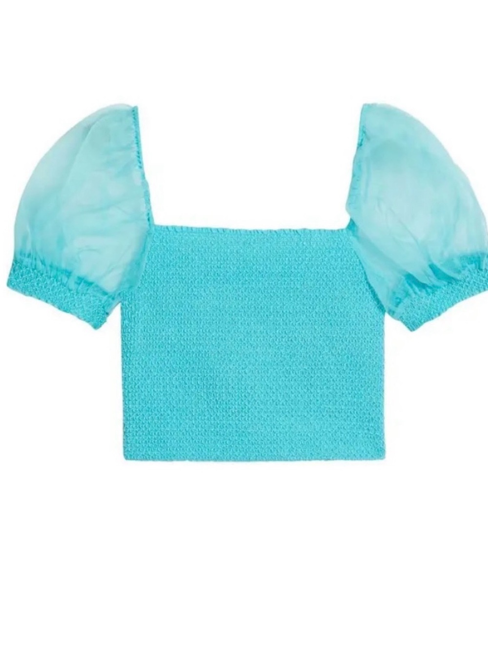 Alice + Olivia Aqua Eliana Puff-Sleeve Smocked Silk Trim Top SP